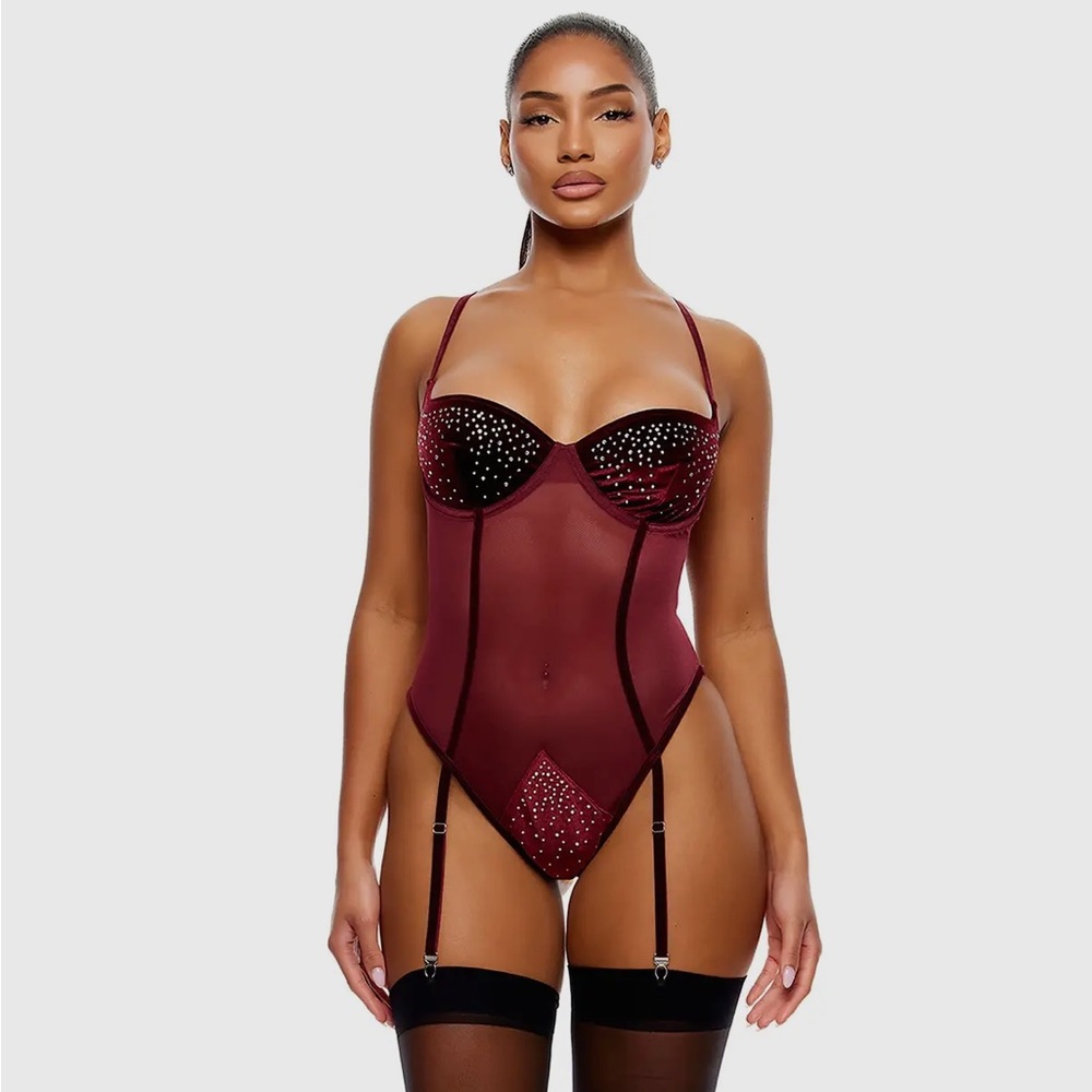STUNNING! Red Velvet Rhinestone Sheer Bodysuit
